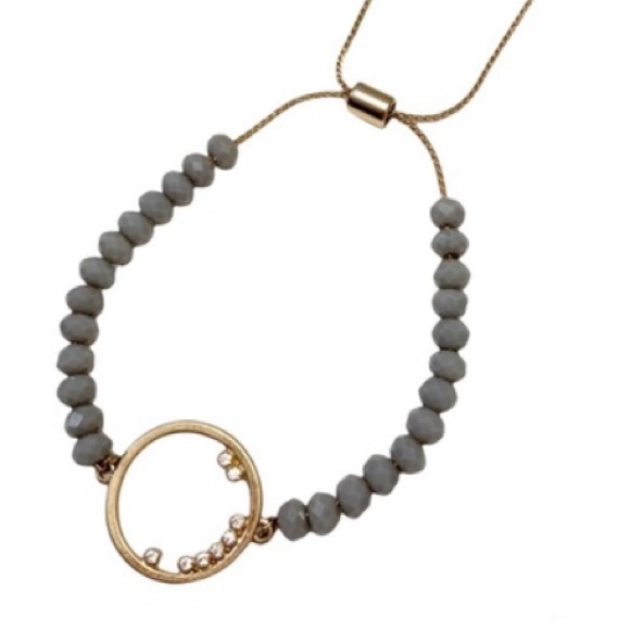Jewelry - Dainty  gold tone rhinestone slider bracelet with faceted grey glass beads